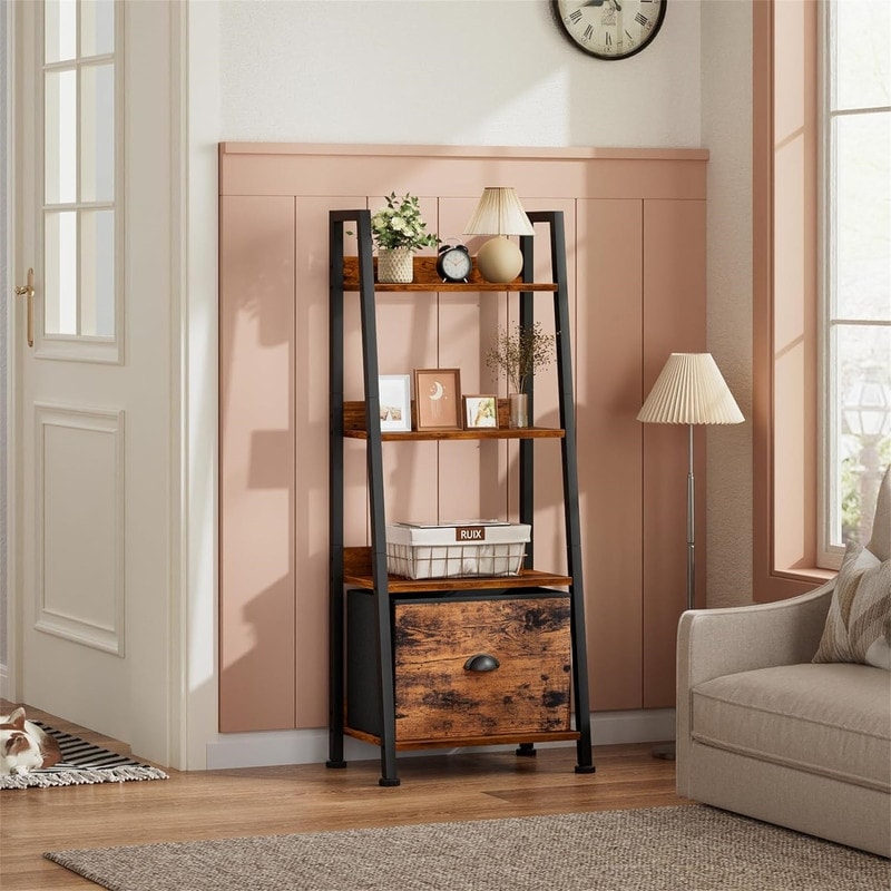 4 Tier Ladder Shelf Ladder Bookshelf with Removable Drawer Bookcase Storage Rack Organizer