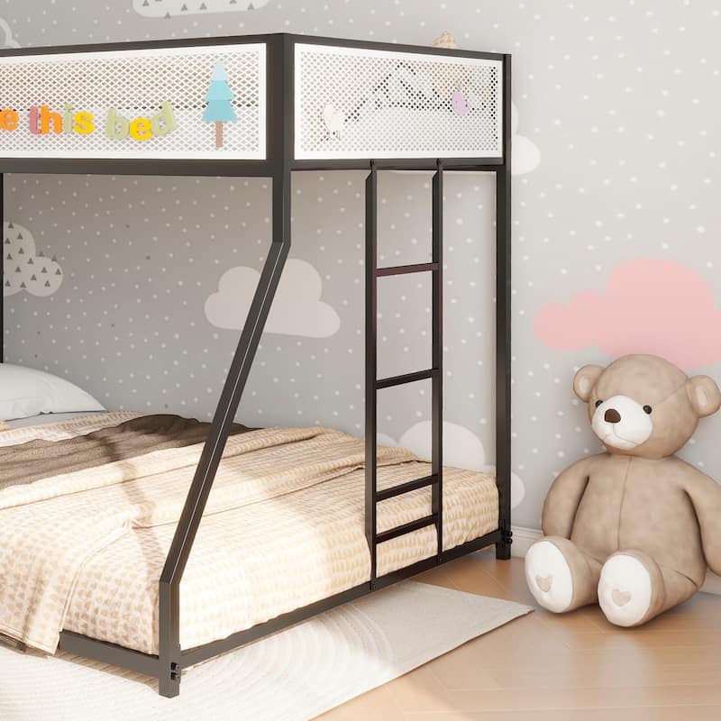 Twin Full Bunk Bed Metal Black with White Mesh Guard Rail，Low Profile and Easy Climbing with Stable Ladder