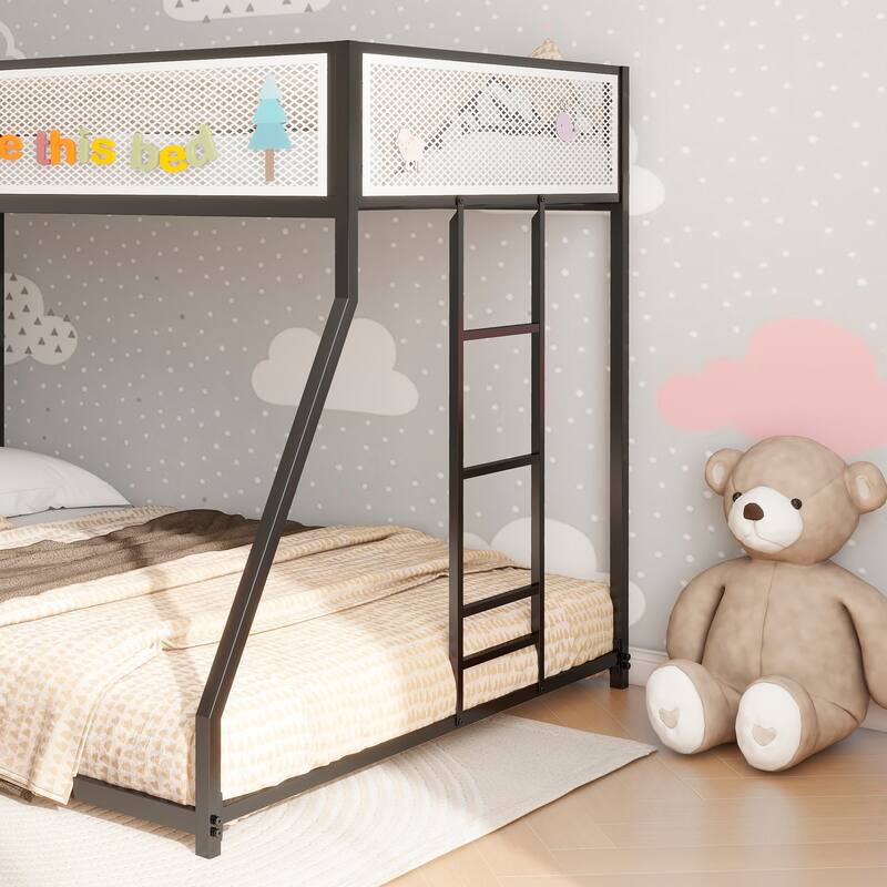 Twin Over Full Bunk Bed with Guard Rail & Stable Ladder, Metal Frame for Kids & Adults, Low Profile Design