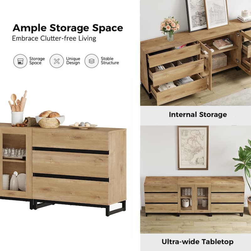 WAMPAT 3 in 1 Multifunctional Dresser with Glass Doors and 6 Drawers, Modern Chest of Drawers for Bedroom