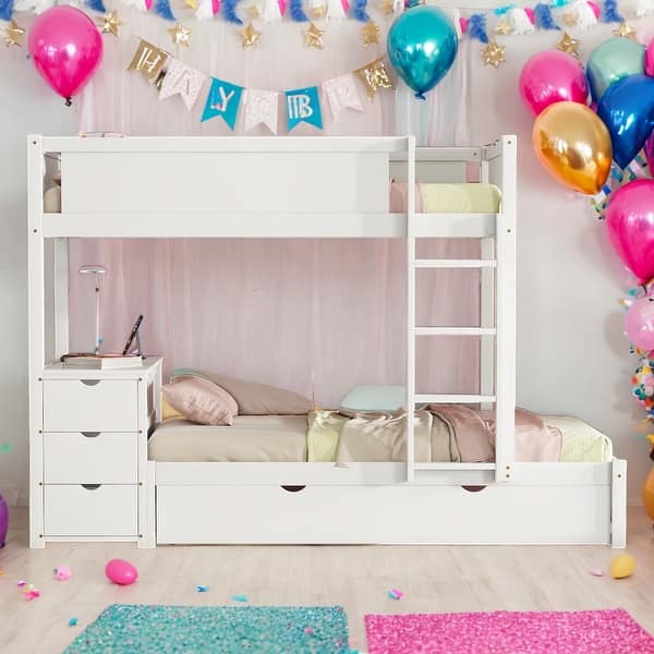 slide 2 of 12, Twin-Over-Twin Bunk Bed with Twin size Trundle, Storage and Desk White
