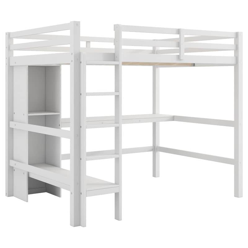 Full Size Loft Bed with Shelves and Under-bed Desk