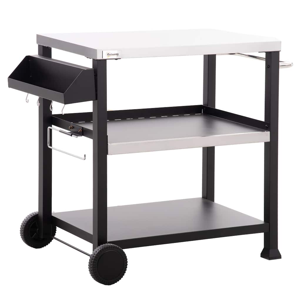 Outsunny Three-Shelf Outdoor Grill cart with Stainless Steel Tabletop, Side Handle, 32" x 20.5" Multifunctional Pizza Oven Stand