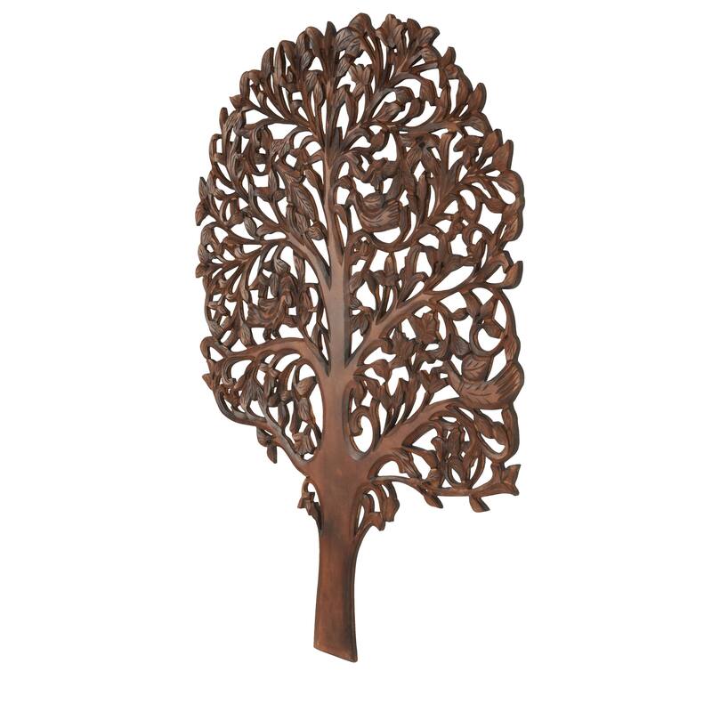 Brown Wooden Carved Tree Home Wall Decor with Animal Accents
