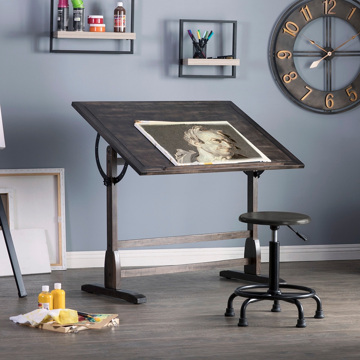 Studio Designs Vintage 42-inch Distressed Black Wood Drafting Table