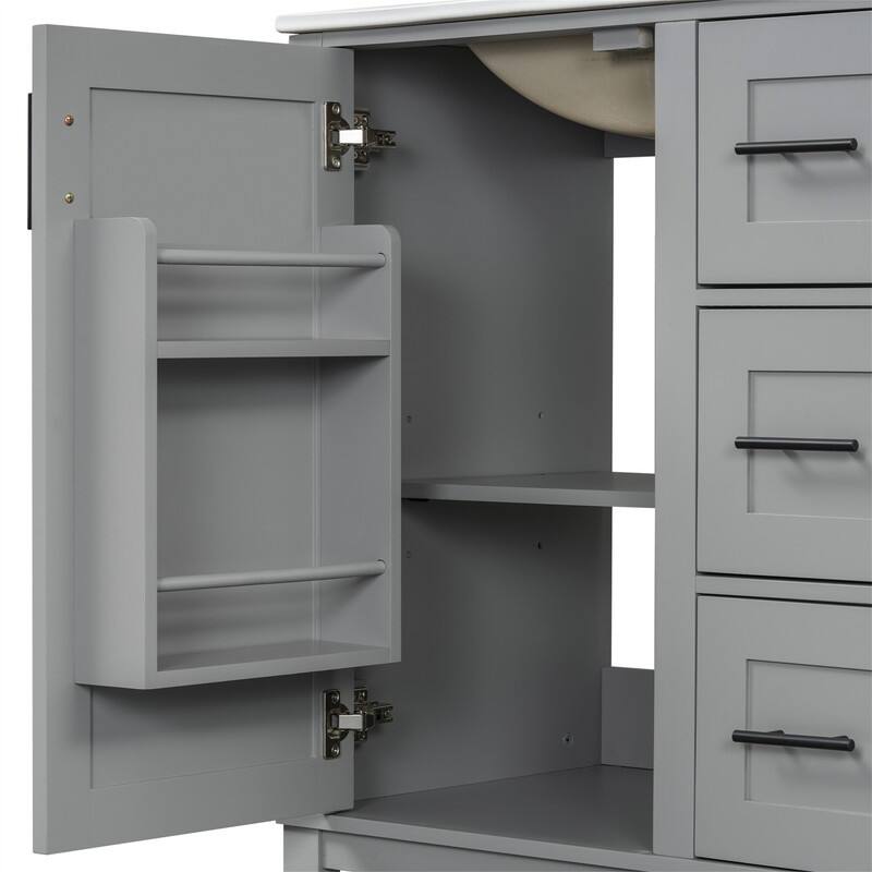 30'' Bathroom Vanity with Ceramic Sink, Freestanding Bathroom Vanity Cabinet with 3 Drawers, 1 Soft Close Door and Storage Rack