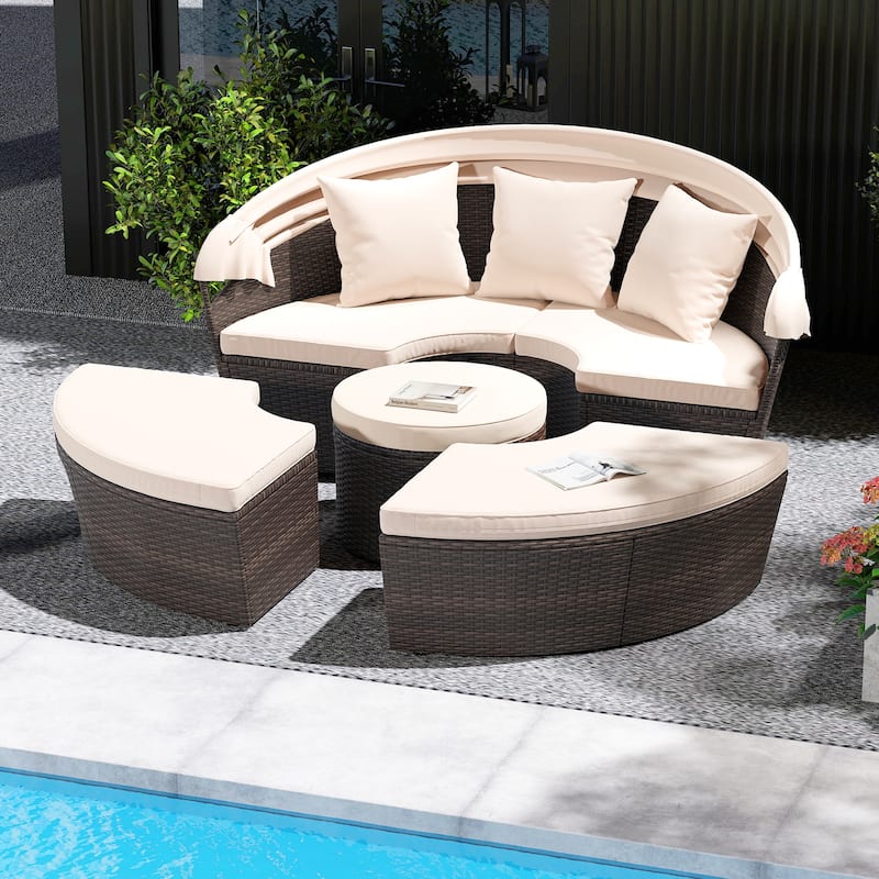 4 Piece Round Patio Daybed Set with Canopy Cushions and Table - 73" × 70" × 57" - Brown-Off-White