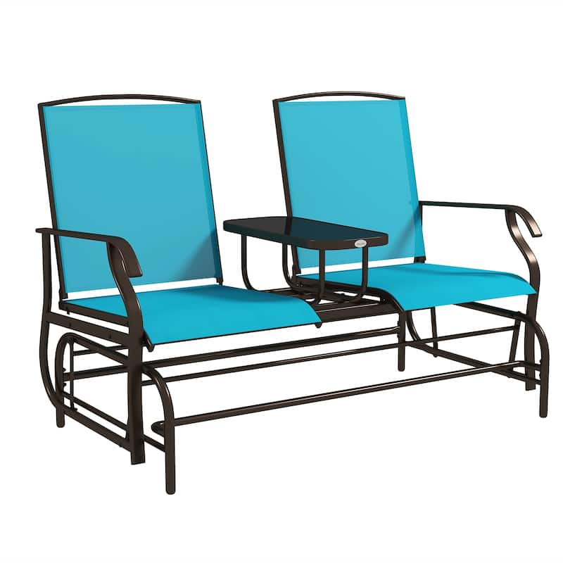 Outsunny 2-Person Outdoor Glider Bench w/ Center Table, Steel Frame for Backyard Garden Porch, Beige