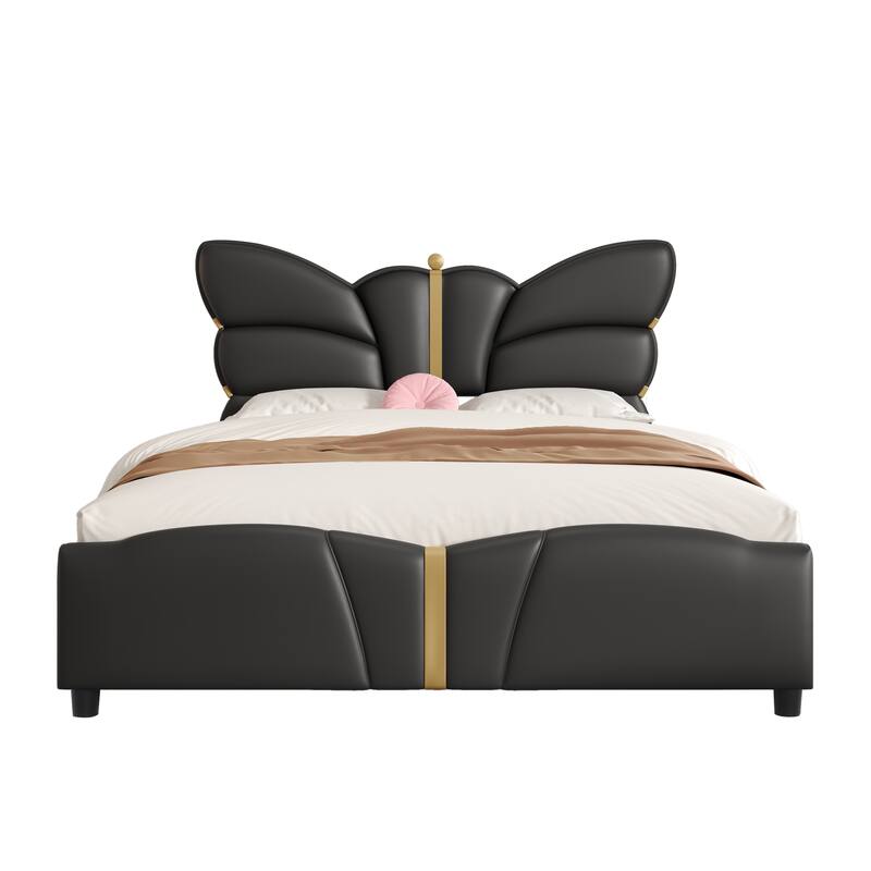 Queen Size Upholstered PU Leather Bed Frame with Butterfly Headboard, Gold Metal Decorations, No Box Spring Needed, Black
