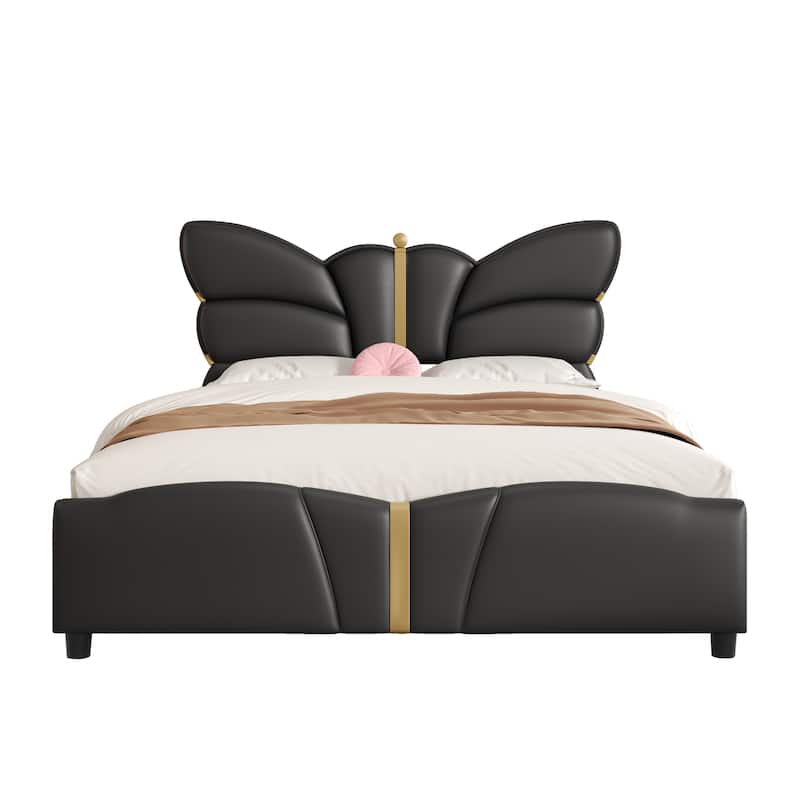 Roomfitters Queen Size Upholstered Platform Bed Frame with Butterfly Headboard, Faux Leather, Gold Accent Trim