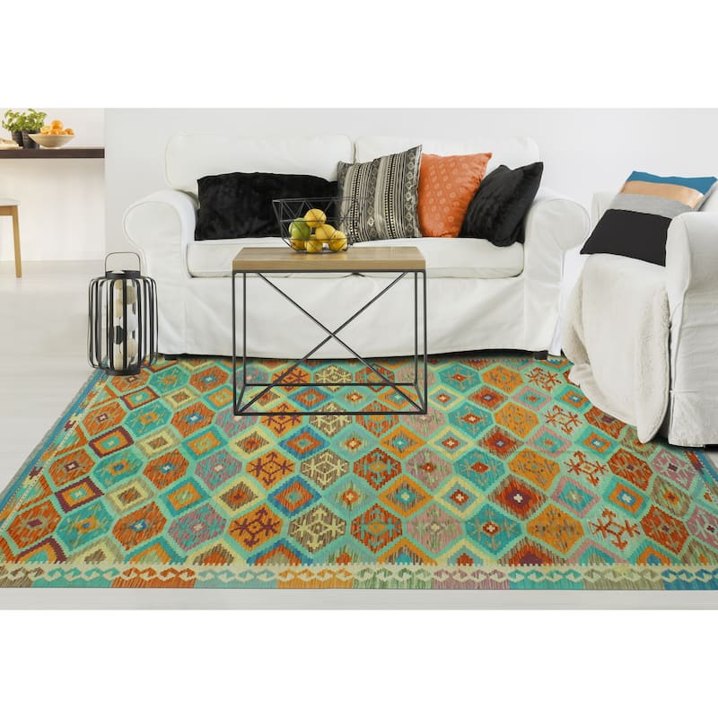 Sangat Flatweave Minoo Turquoise/Orange Rug - 6'3" x 9'7"