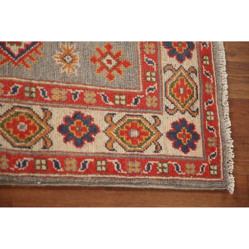 Geometric Kazak Accent Rug Hand-Knotted Grey Wool Carpet - 2'8"x 4'2"
