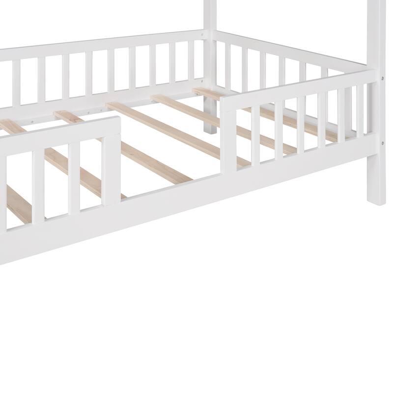 Roomfitters Twin Size Wood House Bed with Fence, Roof Frame Design, Montessori Playhouse Platform Bed