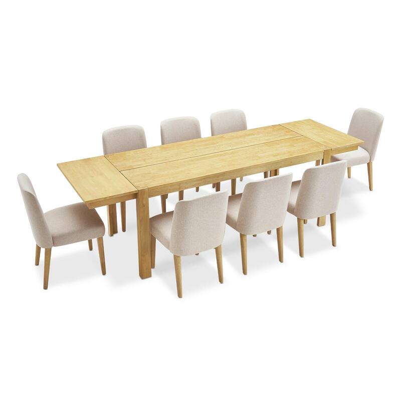 mopio Logan Upholstered Beige Dining Chair Set, Modern Farmhouse Solid Wood Dining Table Set for Dining Room Kitchen - 9 Piece Set 104" (8 Chairs)