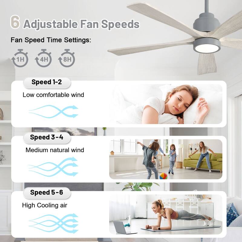 52" Solid Wood Noiseless Ceiling Fans with Dimmable LED Light Optional and Remote, 6-Speed Reversible DC Motor,Smart Optional