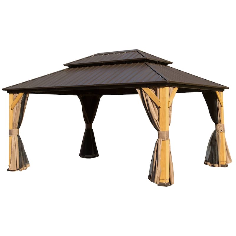 10x14FT Cedar Wood Gazebo with Galvanized Steel Roof, Netting & Curtains for Patio, Backyard, Deck - Brown
