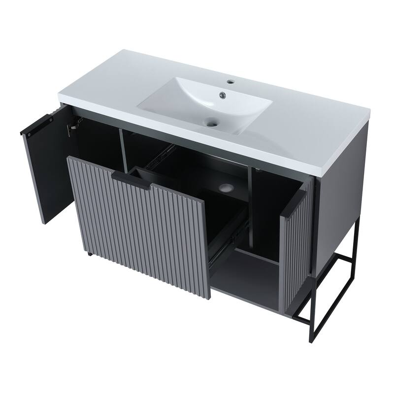 48 inch Rock Grey Plywood Freestanding Bathroom Vanity Set with Open shelf and Integrated Resin Sink