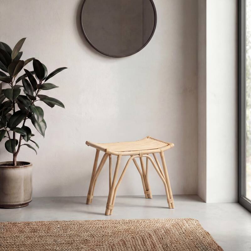 JONATHAN Y Gabriel Modern Bohemian Handcrafted Rattan/Teak Wood Curved Seat Accent Stool