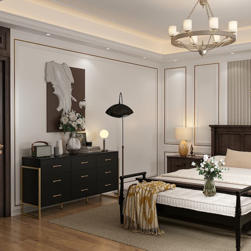 61.4"W Modern Black Dresser with 9 Spacious Drawers - Gold Handles