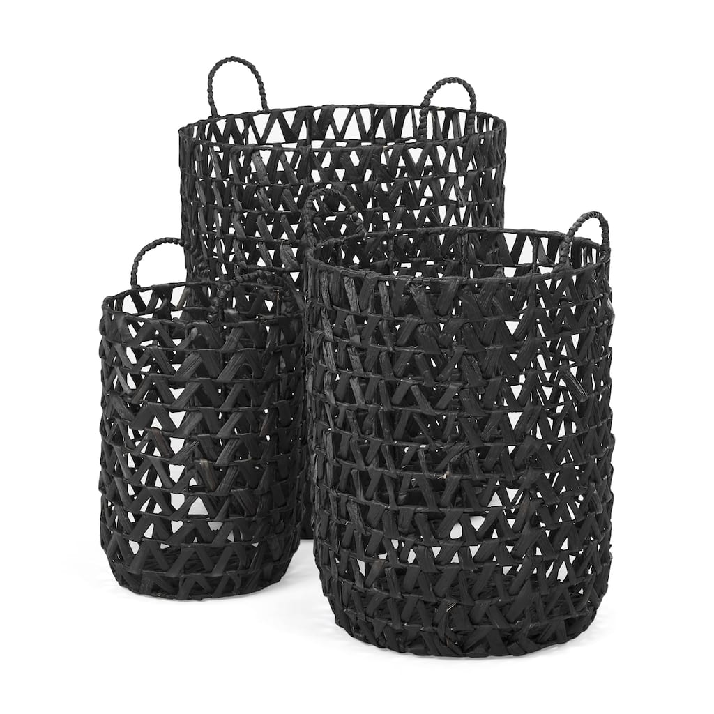 Lola Black Hyacinth Zig Zag Weave Round Baskets (Set of 3) - 19.7L x 19.7W x 23.6H