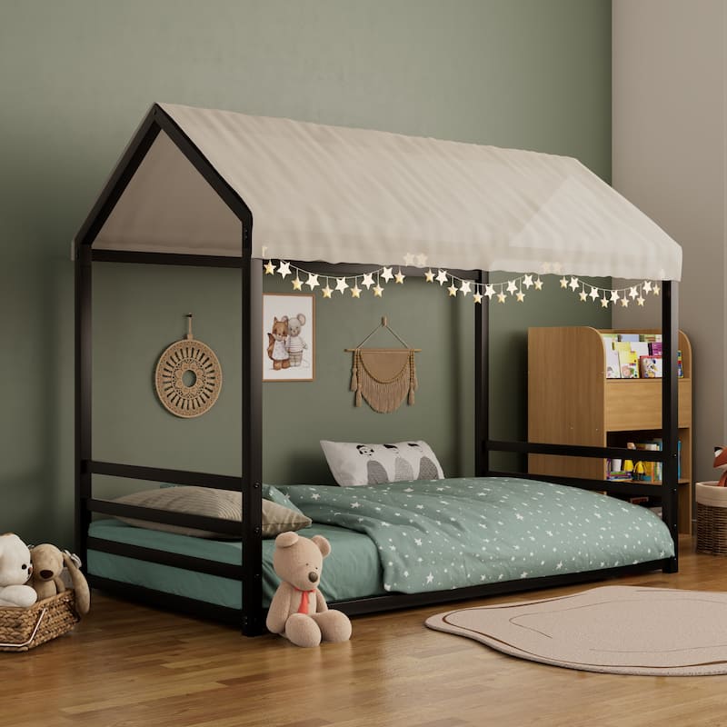 Montessori Style Metal Floor Bed Frame, House Shaped Bed for Kids and Toddlers, No Slats, House Bed - Black Horizontal - Twin