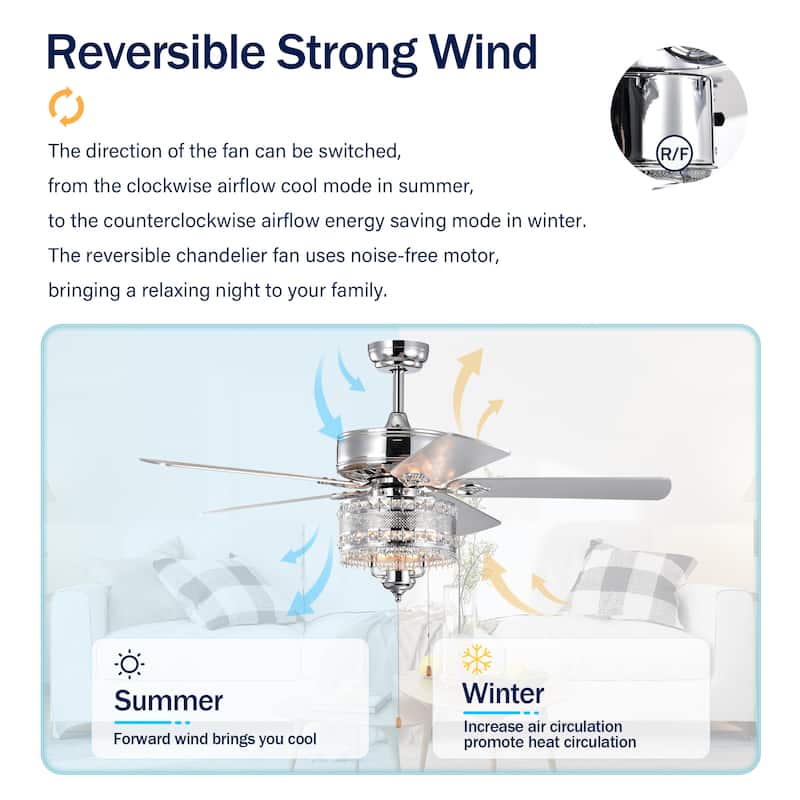 Sofucor 52" Ceiling Fan with Light Remote, Classical Crystal Chandelier fan, 5 Reversible Blades & Reverse Airflow - 52 Inches