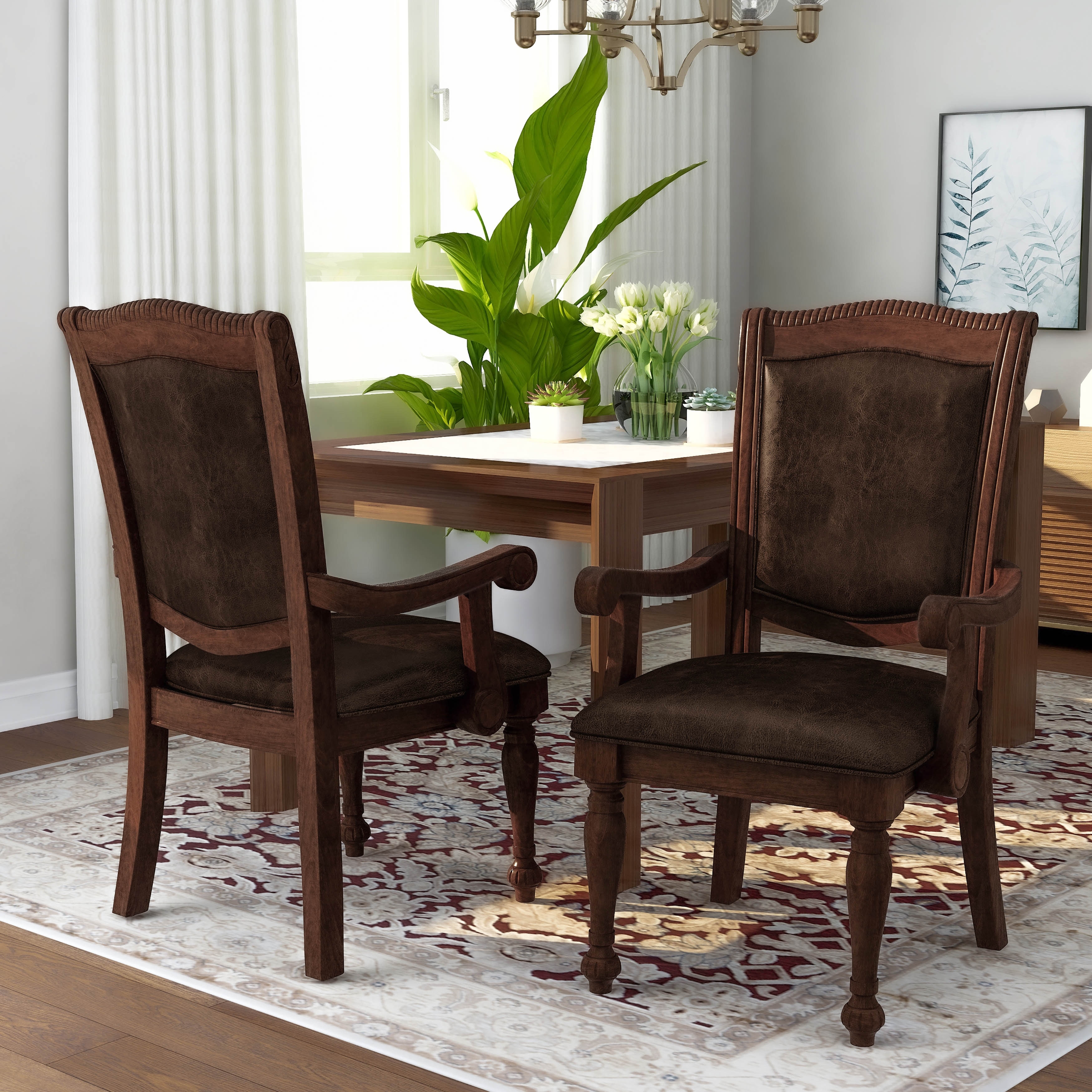 Furniture of America Tima Traditional Faux Leather Dining Arm Chairs (Set of 2)