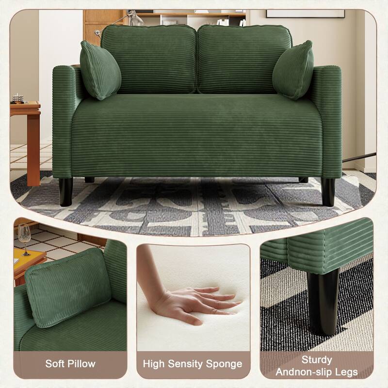 48" Corduroy Loveseat Sofa with Side Storage Pocket, 2-Seater Couch, Solid Wood Frame for Apartment