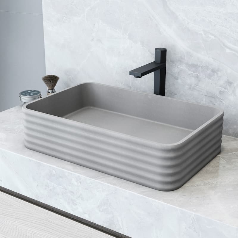 Cadman Modern Gray Concreto Stone Rectangular Fluted Vessel Sink On