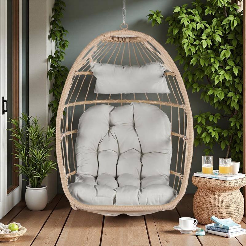 Rattan Egg Hanging Chair with UV-Resistant PE Wicker with Wood Frame and Waterproof Cushion - Light Gray