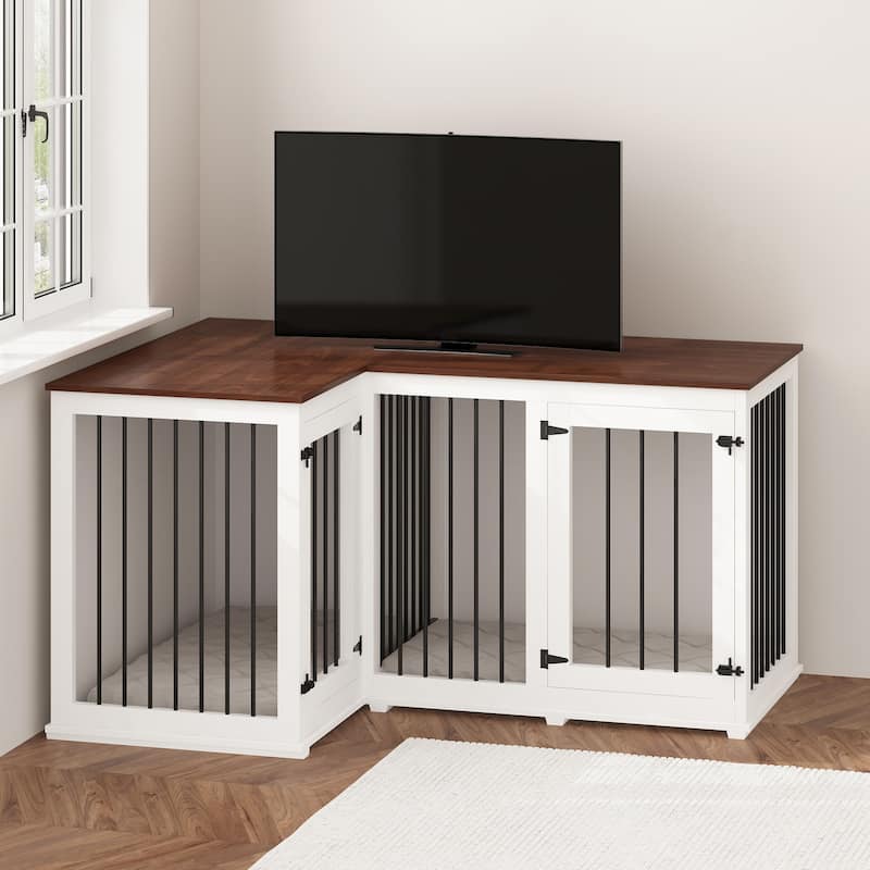 Large Corner Dog Crate Furniture, Wooden L Shaped Double Dog Kennel