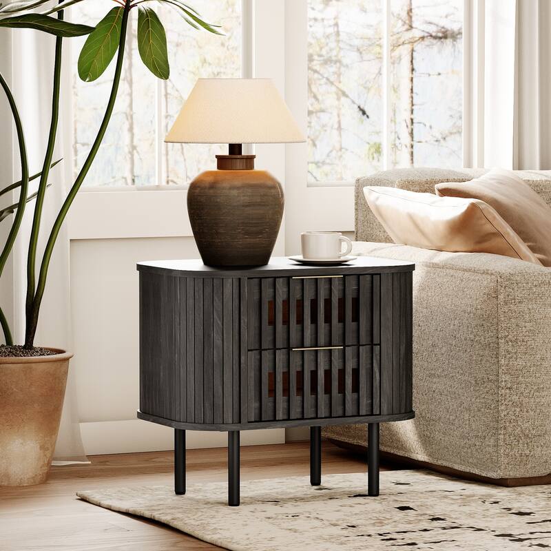 WAMPAT Fluted 2-Drawer Nightstand - Black - 2-drawer
