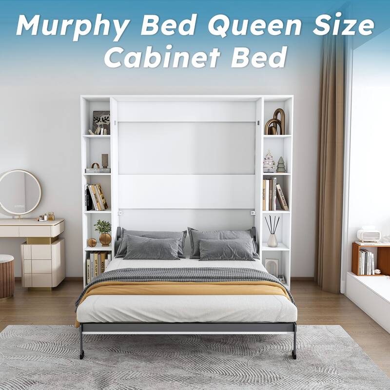 Queen Murphy Bed with Storage Cabinet, 89.7 Inch Foldable Wall Bed with Hardware Frame & Solid Wood Slats for Bedrooms