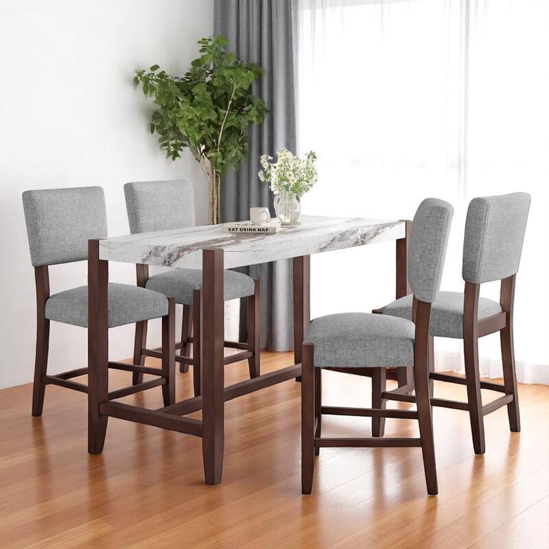 Modern 5-Piece Faux Marble Dining Set, Bar Height Table with 4 Upholstered Chairs, Ideal for Small Spaces