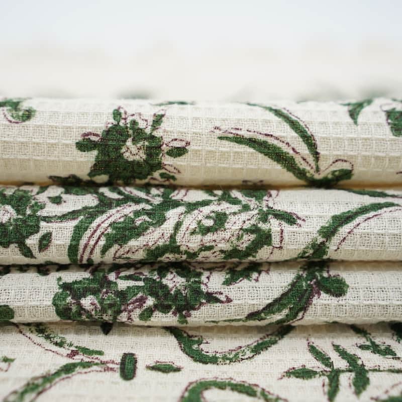Fabdivine Honeycomb or Waffle Weave Hand Block Floral Print Hand Towel, Kitchen Gift Use