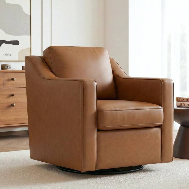 30" W Modern Accent Swivel Chair Comfy Upholstered Armchair - Brown/ Vegan Leather