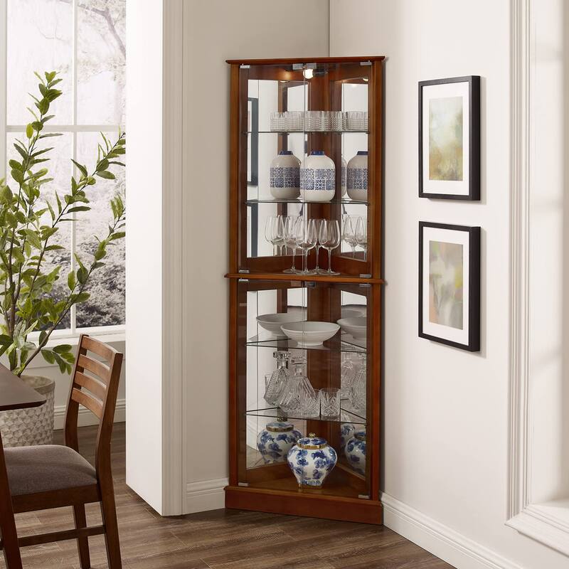 Corner Curio Cabinet with Lights, Floor Standing Display Cabinet with Adjustable Tempered Glass Shelves & Mirrored Back