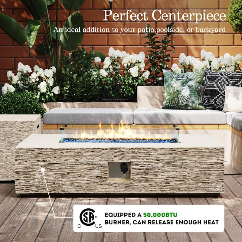 Patio Watcher 56in. Outdoor Rectangle Magnesium Oxide Fire Pit Table with Gas Tank Cover and Wind Guard