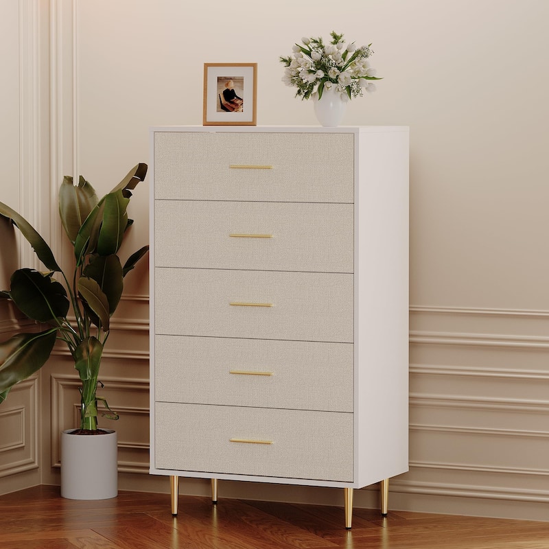 3/5/6/7/8 Drawer Dresser for Bedroom, Modern Wooden Chest of Drawers with Gold Handles - 5-drawer