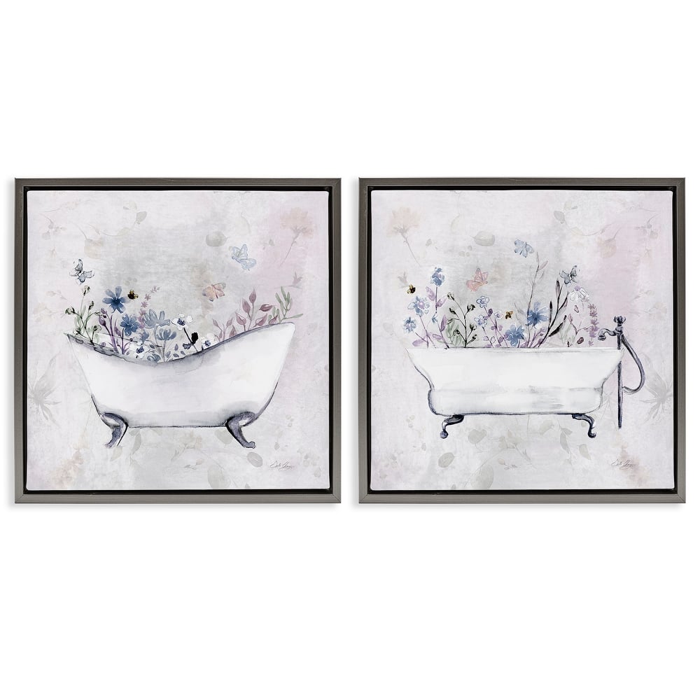 Stupell Antique Tubs with Botanics Framed Floater Canvas Wall Art Design By Stella Chang (Set of 2)