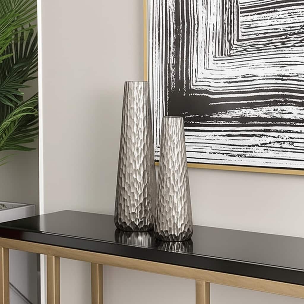 Set of Two Silver Cast Aluminum Textured Table Vases - 15.40