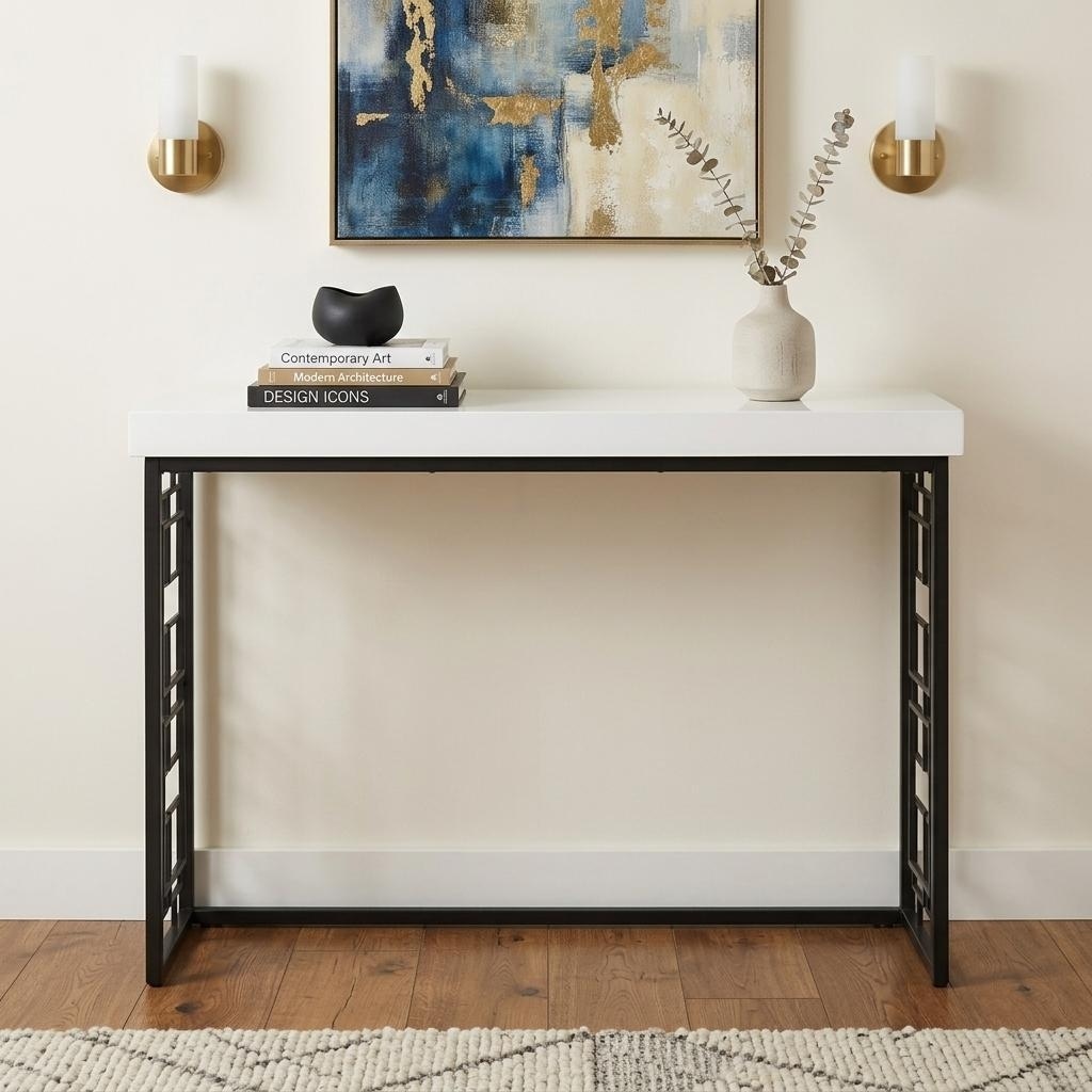 HomeRoots 42" White and Black Glass and Metal Sled Console Table - 42.00 in. x 30.00 in. x 16.25 in.
