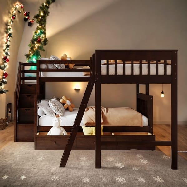 slide 2 of 14, L-Shaped Twin over Full Bunk Bed With 3 Drawers,Ladder and Staircase Espresso