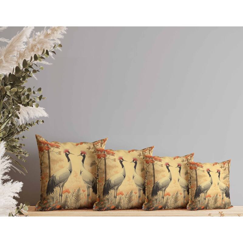 Autumnal Cranes Indoor/Outdoor Reversible Throw Pillow Beige and Gray