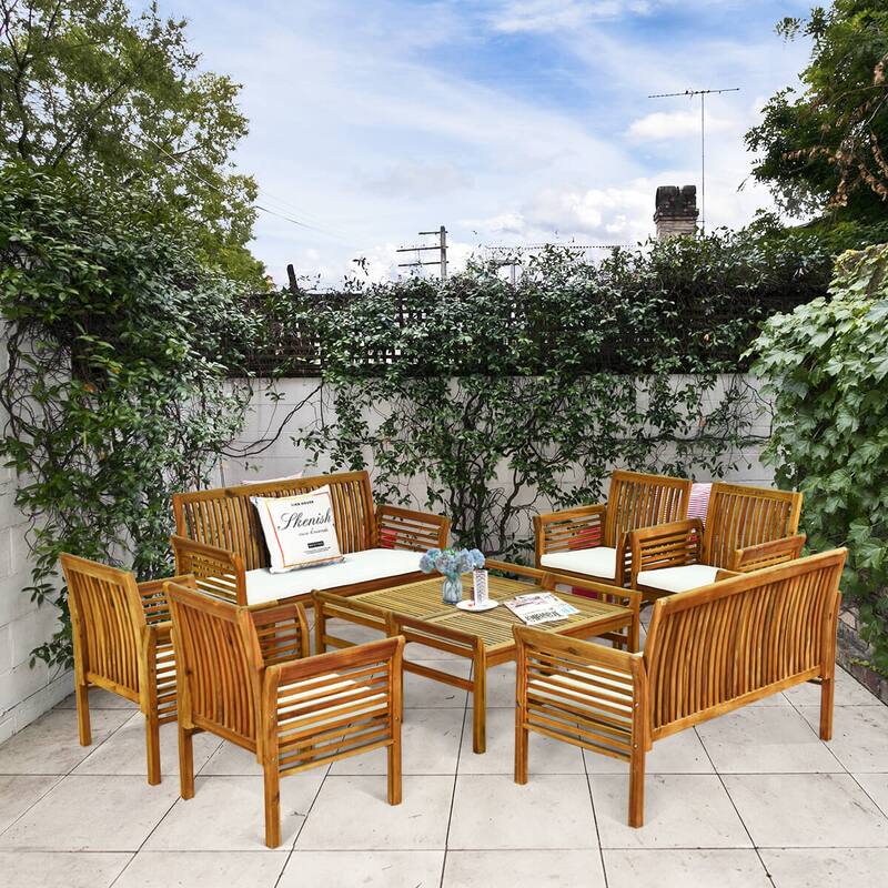 Gymax 8 Piece Outdoor Acacia Wood Sofa Set w/ Teak Wood Oil Water