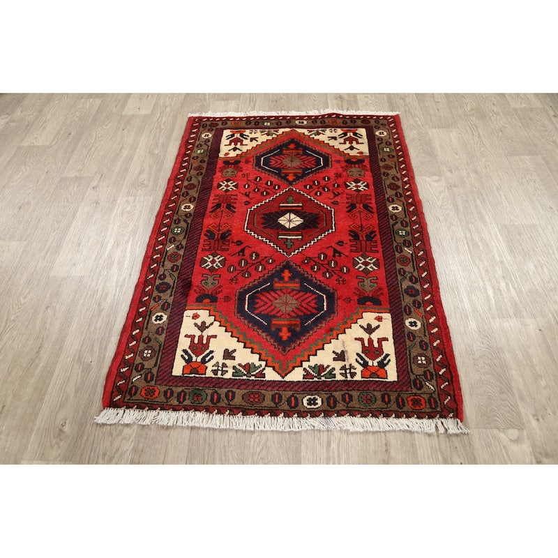 Geometric Persian Hamedan Area Rug Wool Hand-knotted Kitchen Carpet - 3'2" x 4'7"