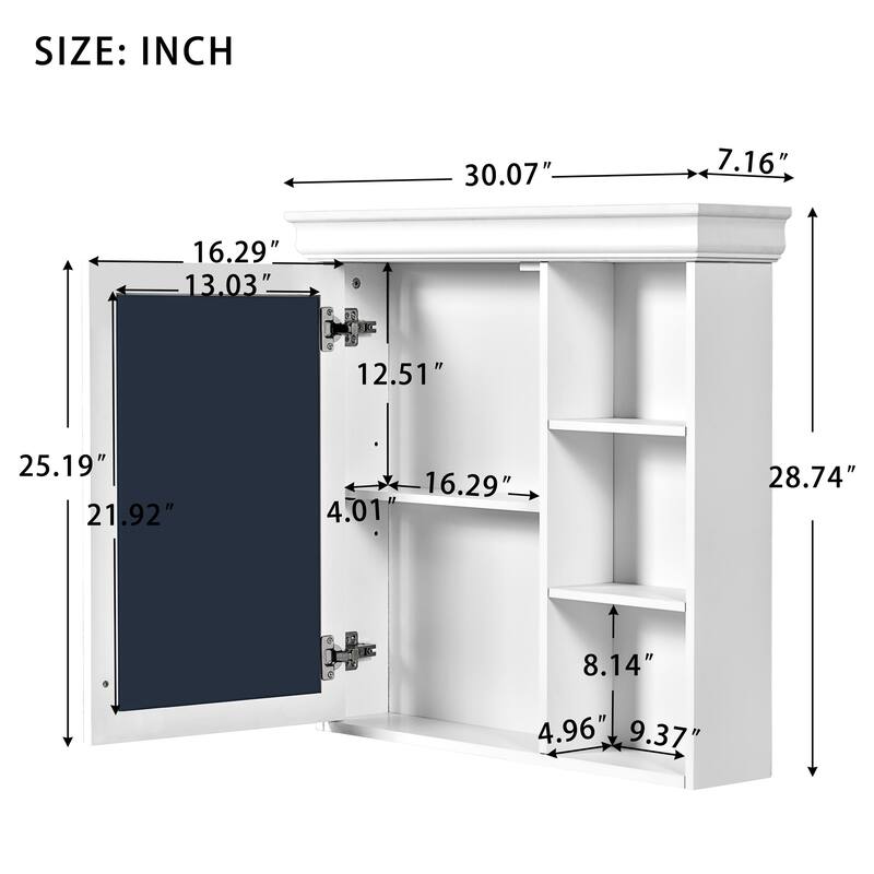 Anmytek 30 x 28 Inch White Bathroom Medicine Cabinet with Mirror, Wall Mounted Storage Organizer