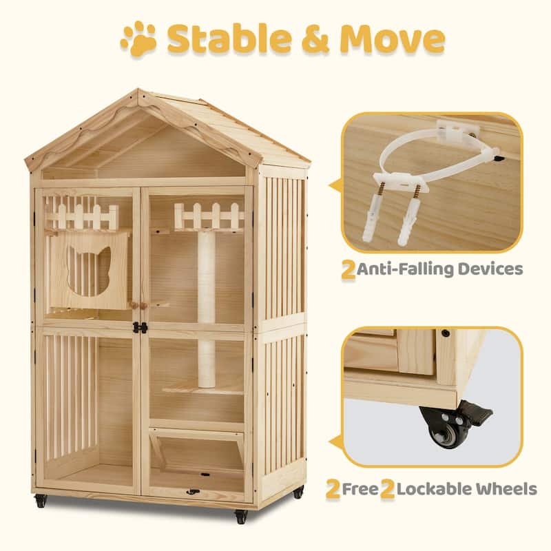 MCombo Wooden Cat House for Indoor Cats, Cat Villa with Cat Entrance, Cat Catio with Lockable Doors & Wheels CT291