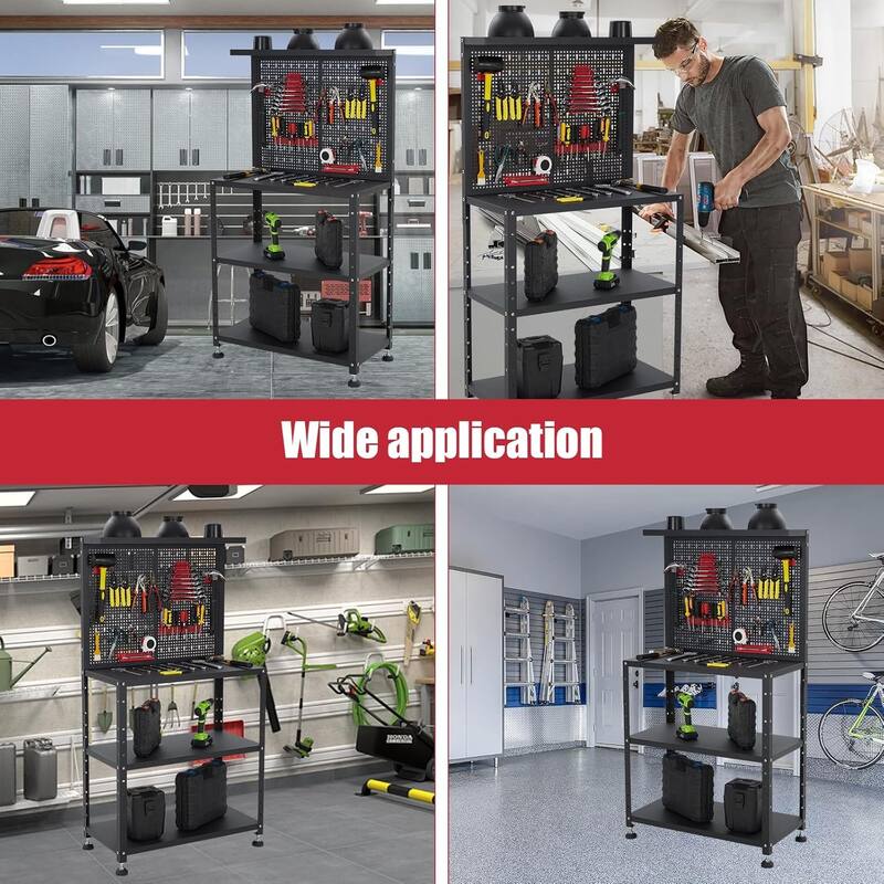 32" Adjustable Heavy Duty Garage Workbench with Pegboard, Tool Holders - Black 32in