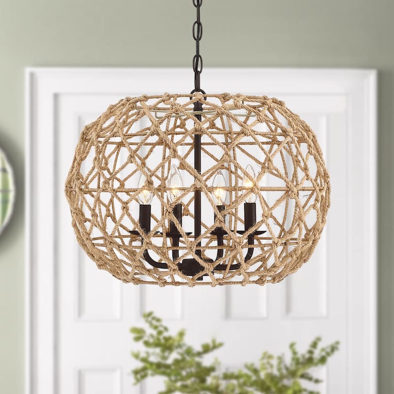 20-in 4-Light Rustic Natural Jute Rope Woven Globe Pendant Light with Brown Canopy - Coffee brown - 20 in. W - 20 in. W